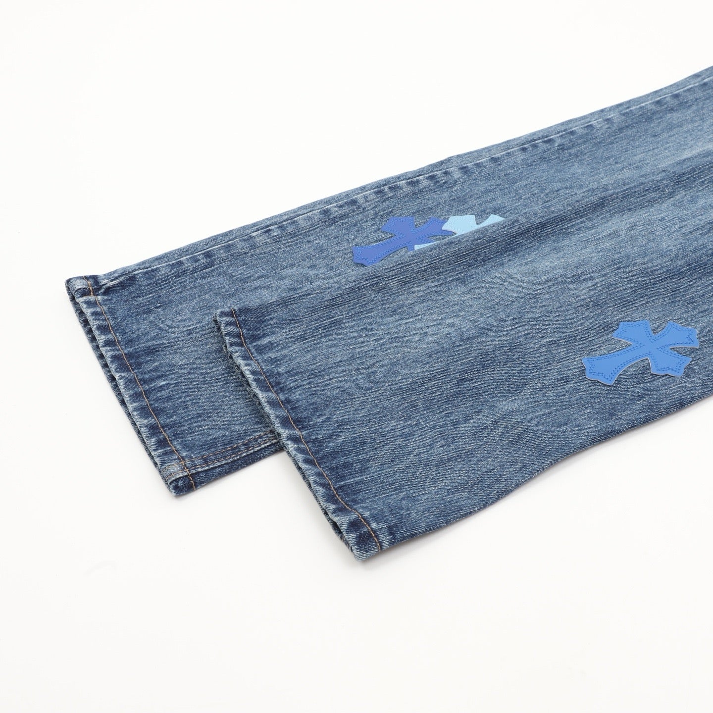 Chrome Hearts Cross Leather Patch Jeans — Mid Blue Wash, Straight Leg
