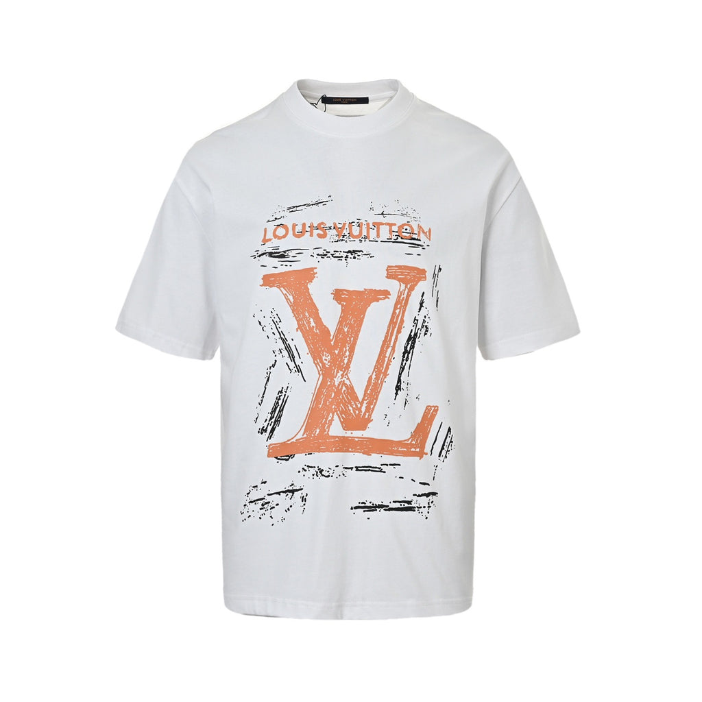 Louis Vuitton Brushstroke LV Logo Print Short-Sleeve T-Shirt in White