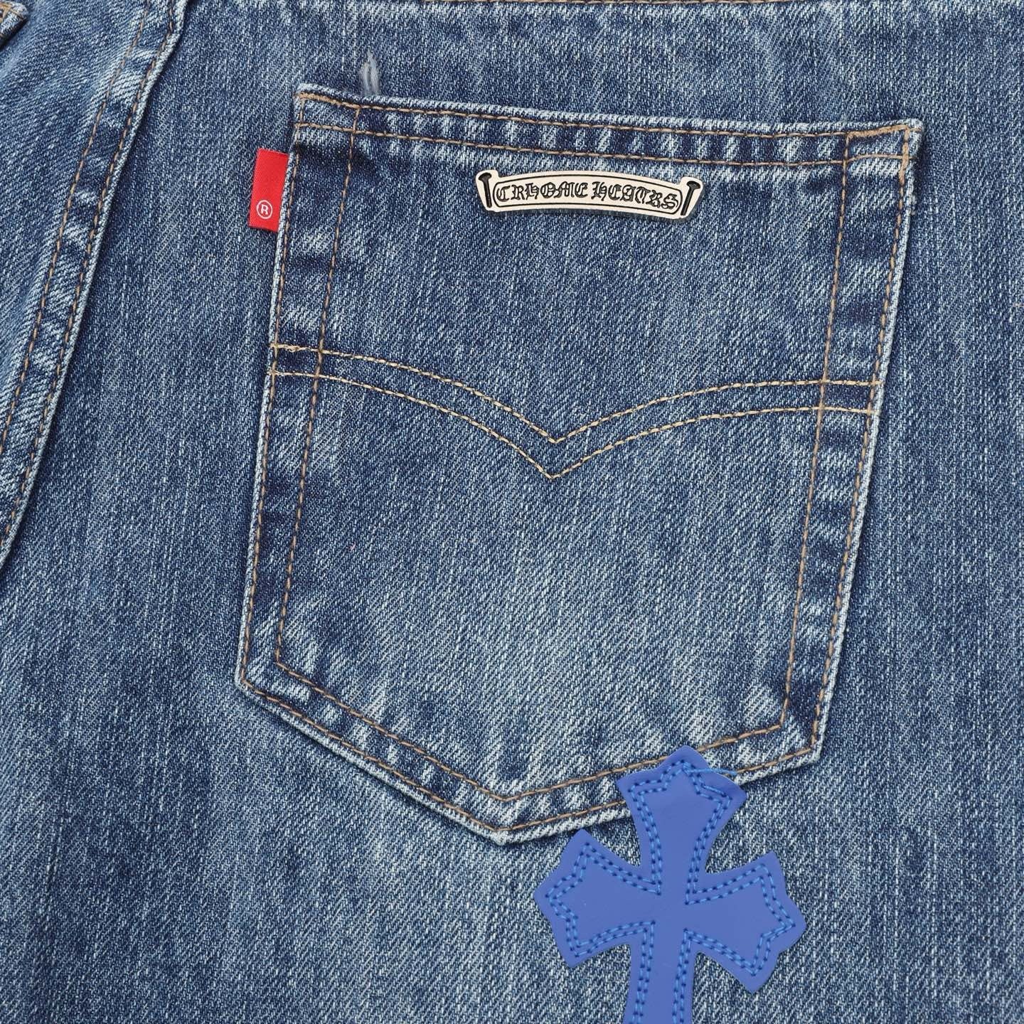 Chrome Hearts Cross Leather Patch Jeans — Mid Blue Wash, Straight Leg