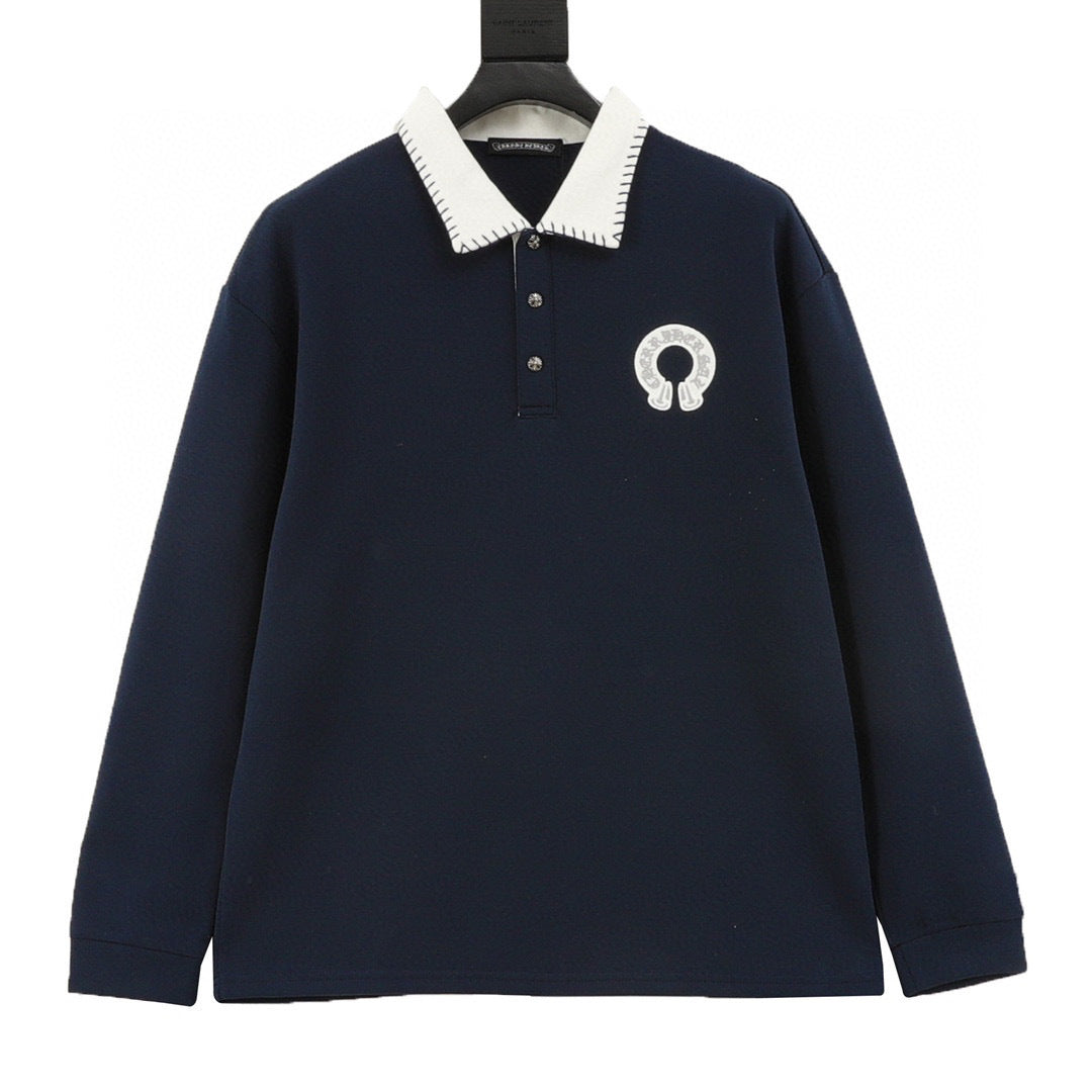 CH Horseshoe-Embroidered Long-Sleeve Polo Shirt with Collar