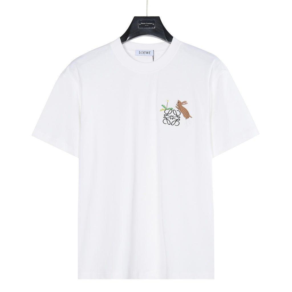 Loewe Rabbit Embroidery and Anagram Short-Sleeve T-Shirt in White