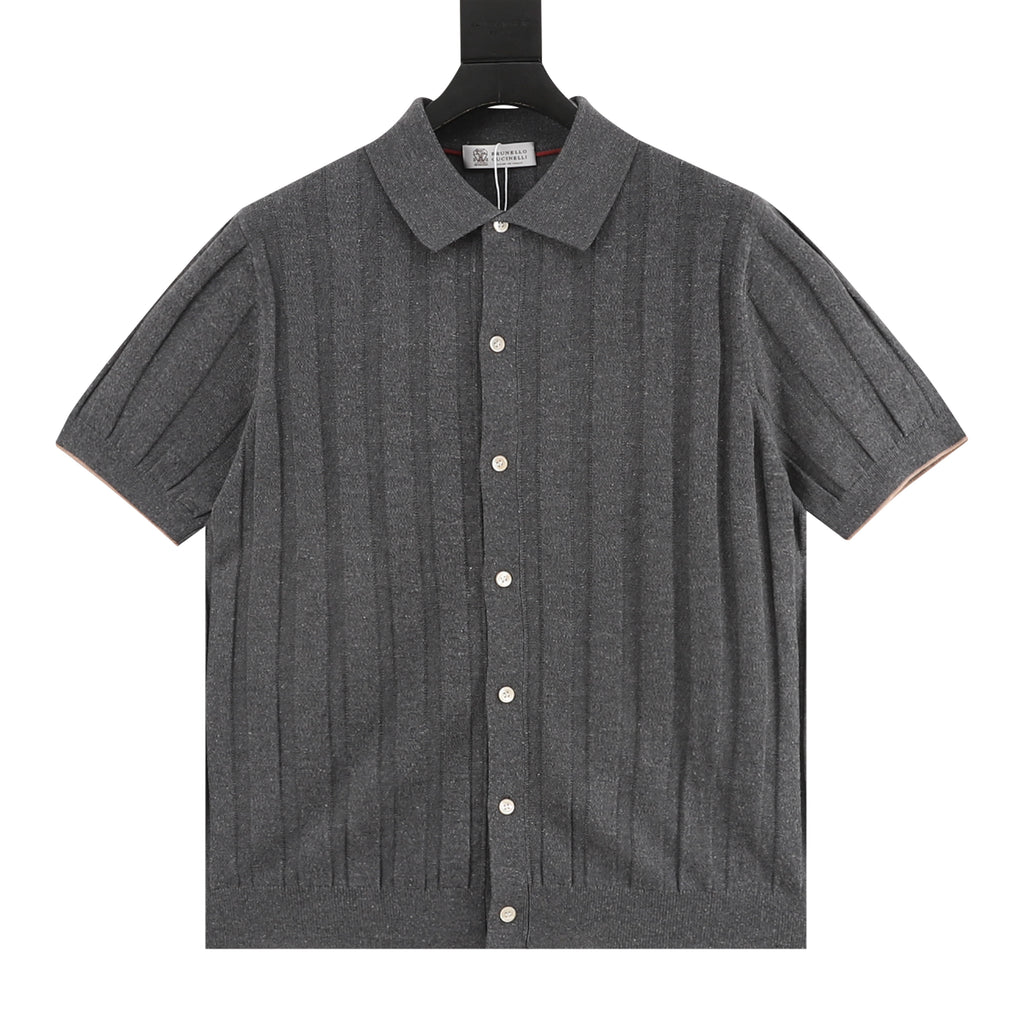 Brunello Cucinelli Two-Tone Vertical Stripe Rib Knit Short-Sleeve Cardigan