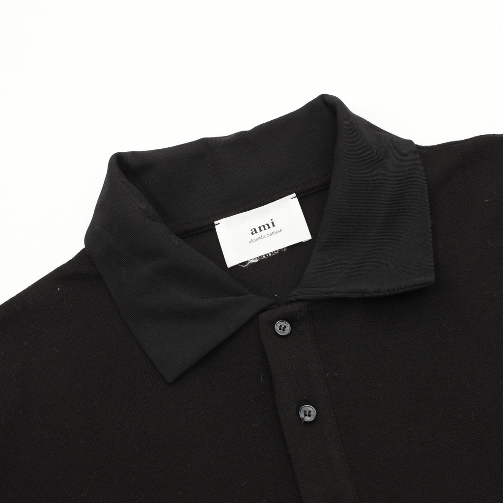 AMI Paris Long-Sleeve Polo Shirt — Tonal Heart Logo, Black | FW25