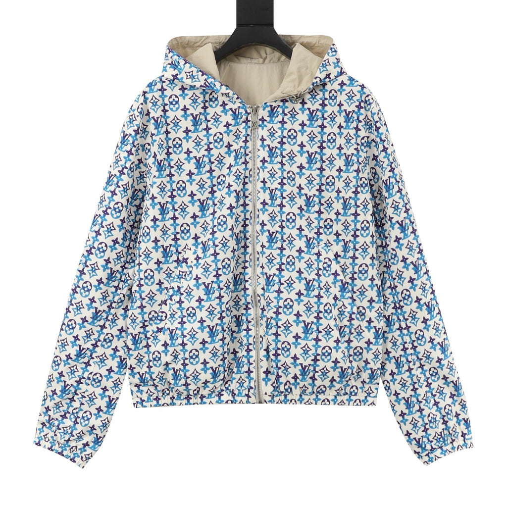 Louis Vuitton Women's & Men's White Blue Monogram Print Hooded Jacket