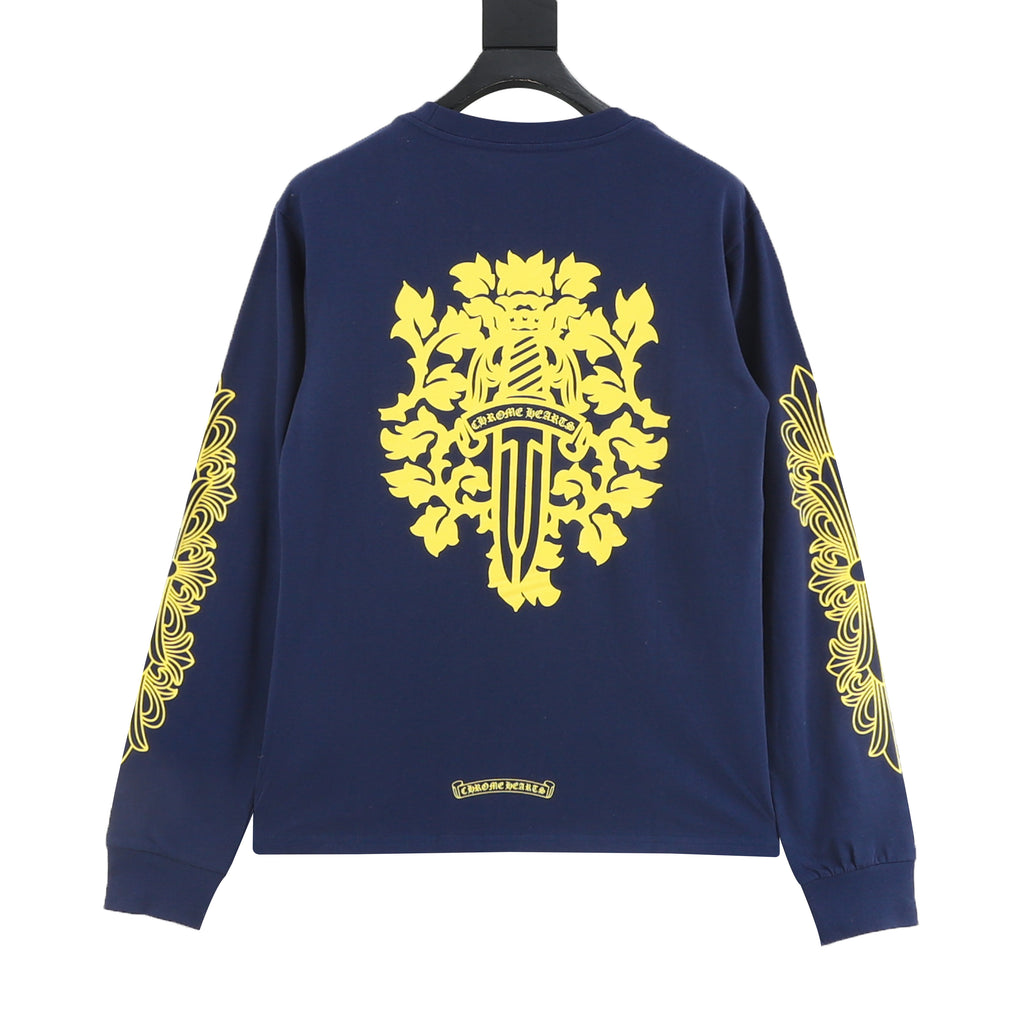 Chrome Hearts Sword Crest Floral Long-Sleeve Tee — Navy, Yellow Print