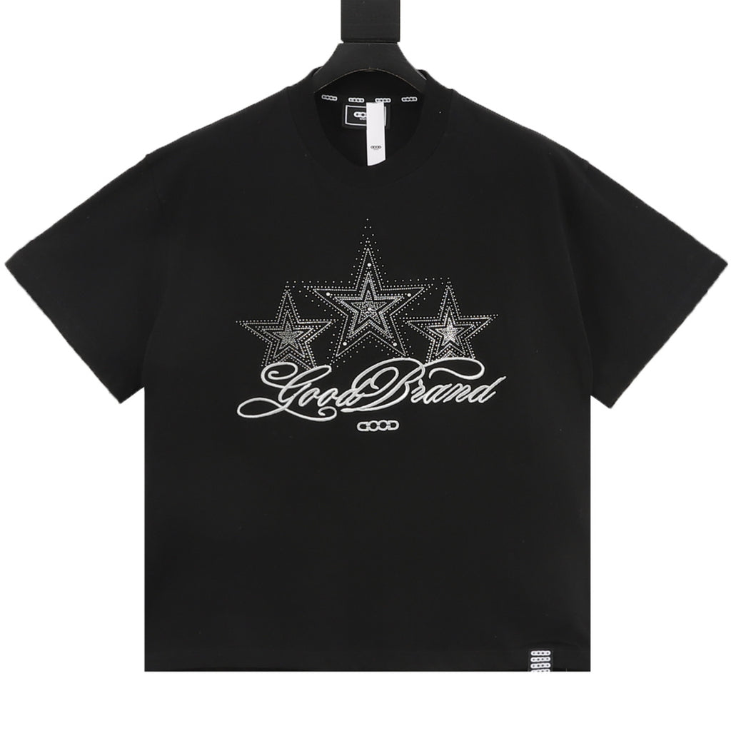 Goodbrand Three-Star Rhinestone Script Logo Short-Sleeve T-Shirt in Black