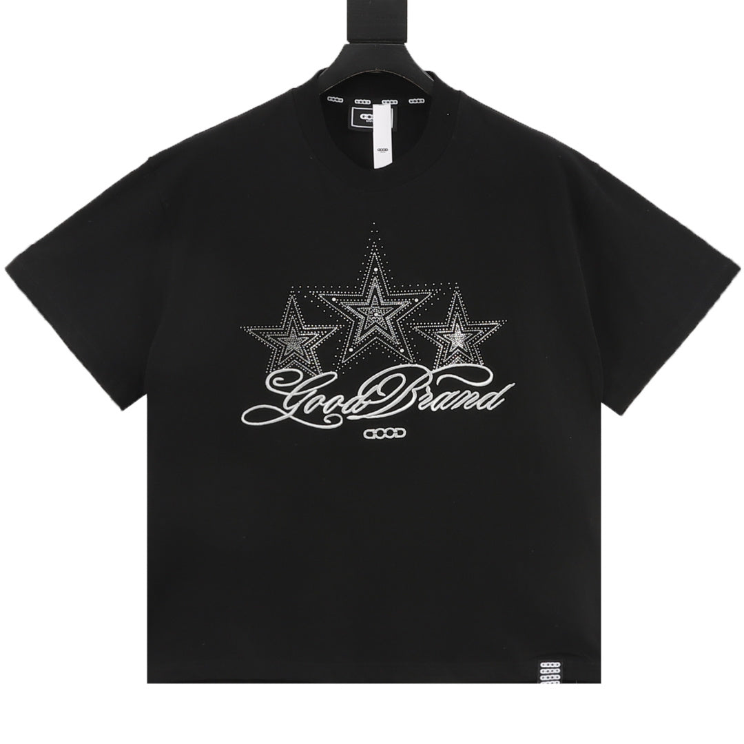 Goodbrand Three-Star Rhinestone Script Logo Short-Sleeve T-Shirt in Black