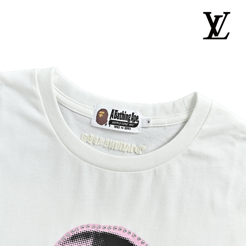 BAPE Men's White Rhinestone Portrait Print T-Shirt