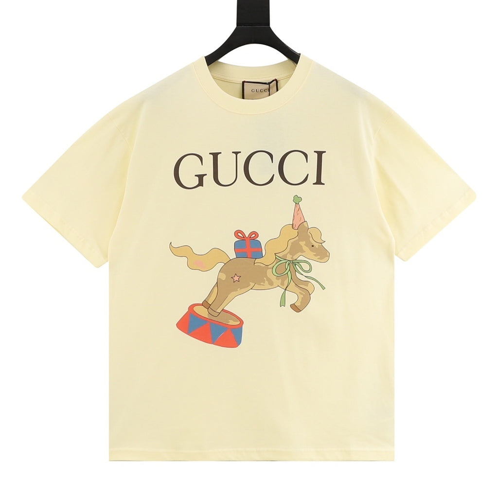 Gucci Men's Pale Yellow Circus Pony Graphic Print T-Shirt