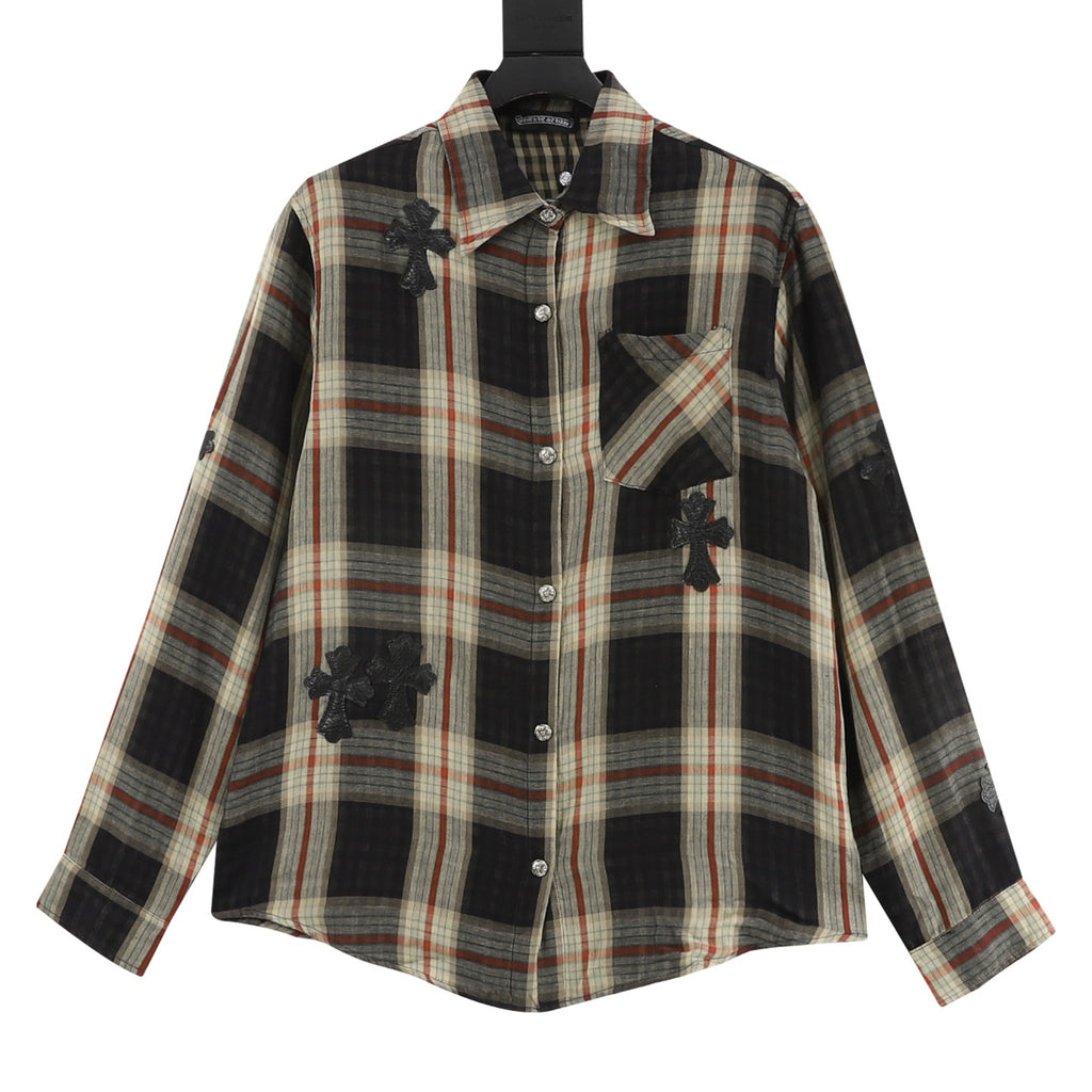 Chrome Hearts Plaid Long-Sleeve Shirt with Leather Patch