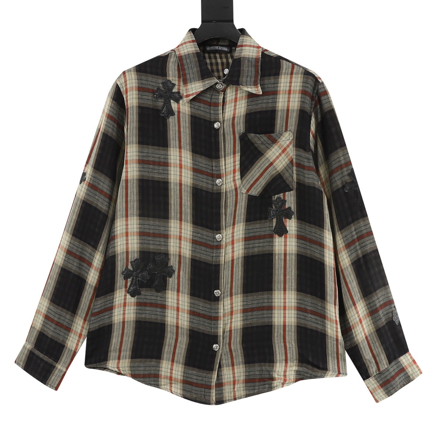 Chrome Hearts Plaid Long-Sleeve Shirt with Leather Patch