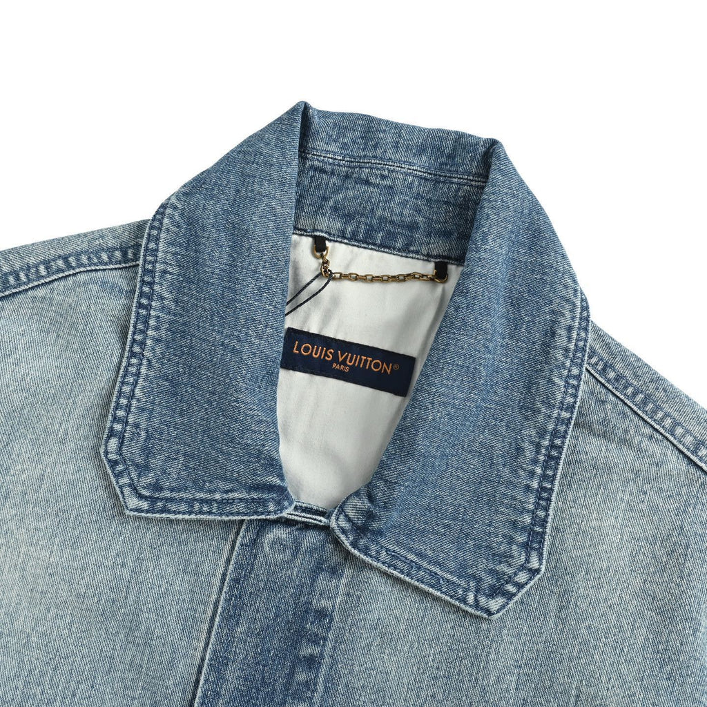 Louis Vuitton Monogram-Embossed Short-Sleeve Denim Shirt in Blue