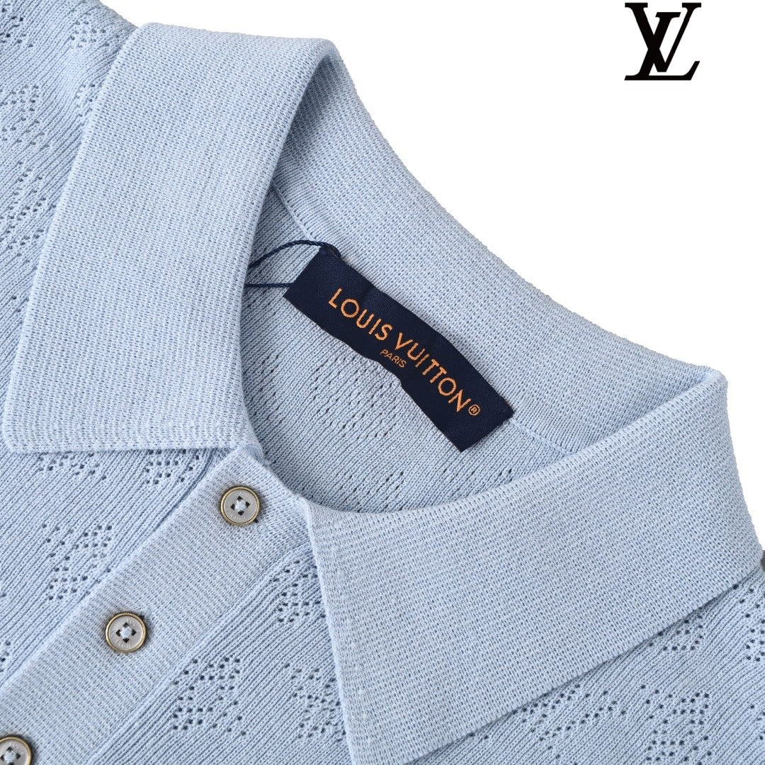 Louis Vuitton Men's Light Blue Monogram Knit Polo Shirt