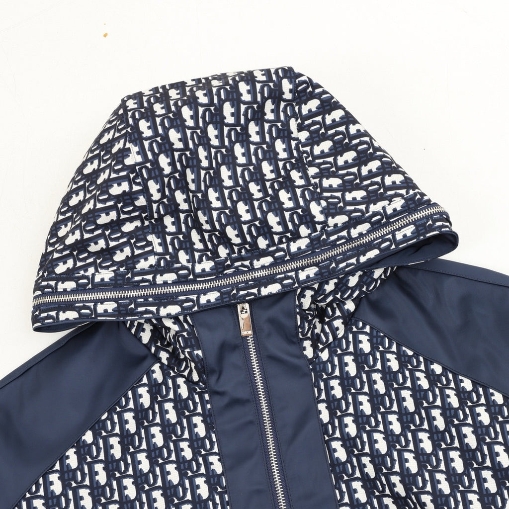 Dior Women's & Men's Navy Oblique Patchwork Bee Logo Hooded Windbreaker