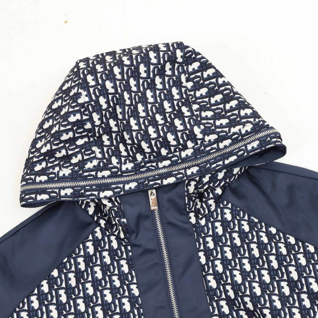 Dior Women's & Men's Navy Oblique Patchwork Bee Logo Hooded Windbreaker
