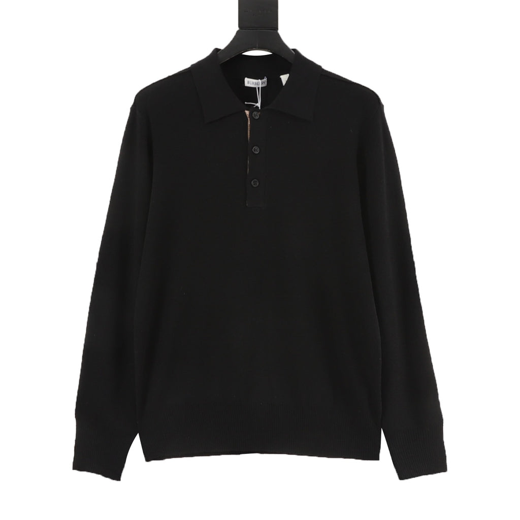 Burberry Five-Color Check Placket Wool Long Sleeve Polo Sweater | Black Relaxed Luxury Knitwear