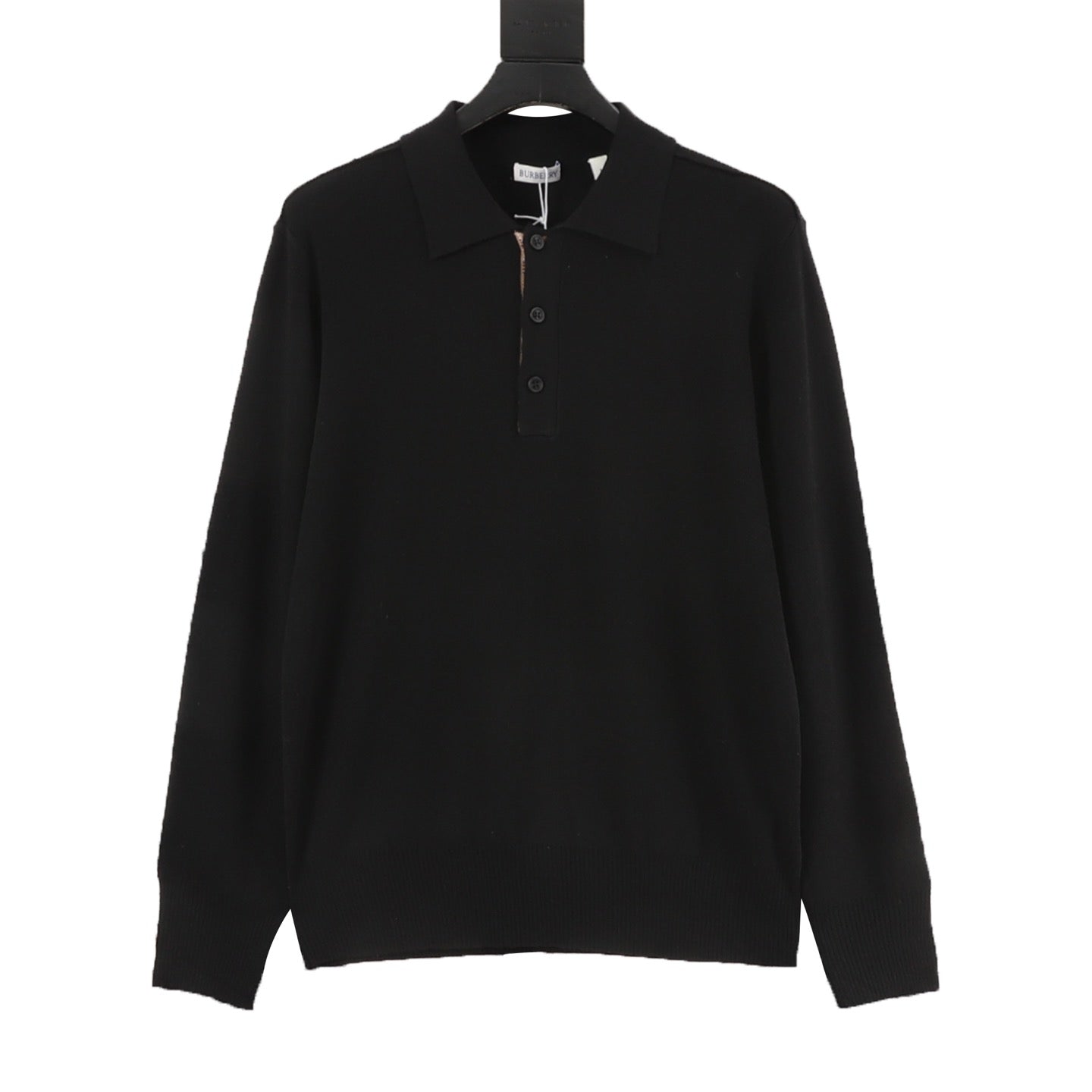 Burberry Five-Color Check Placket Wool Long Sleeve Polo Sweater | Black Relaxed Luxury Knitwear