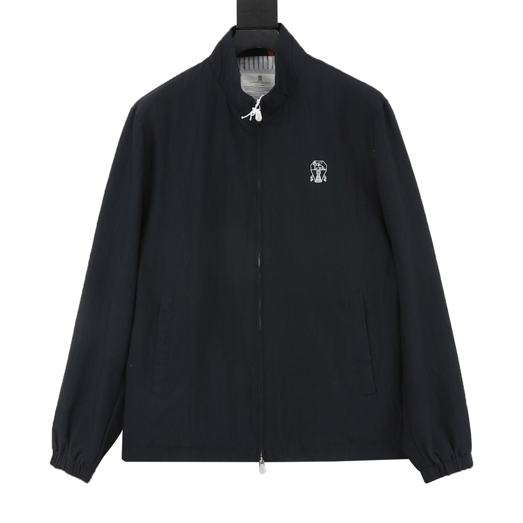 Brunello Cucinelli Women's Men's Black Embroidered Logo Stand-Collar Zip-Up Jacket