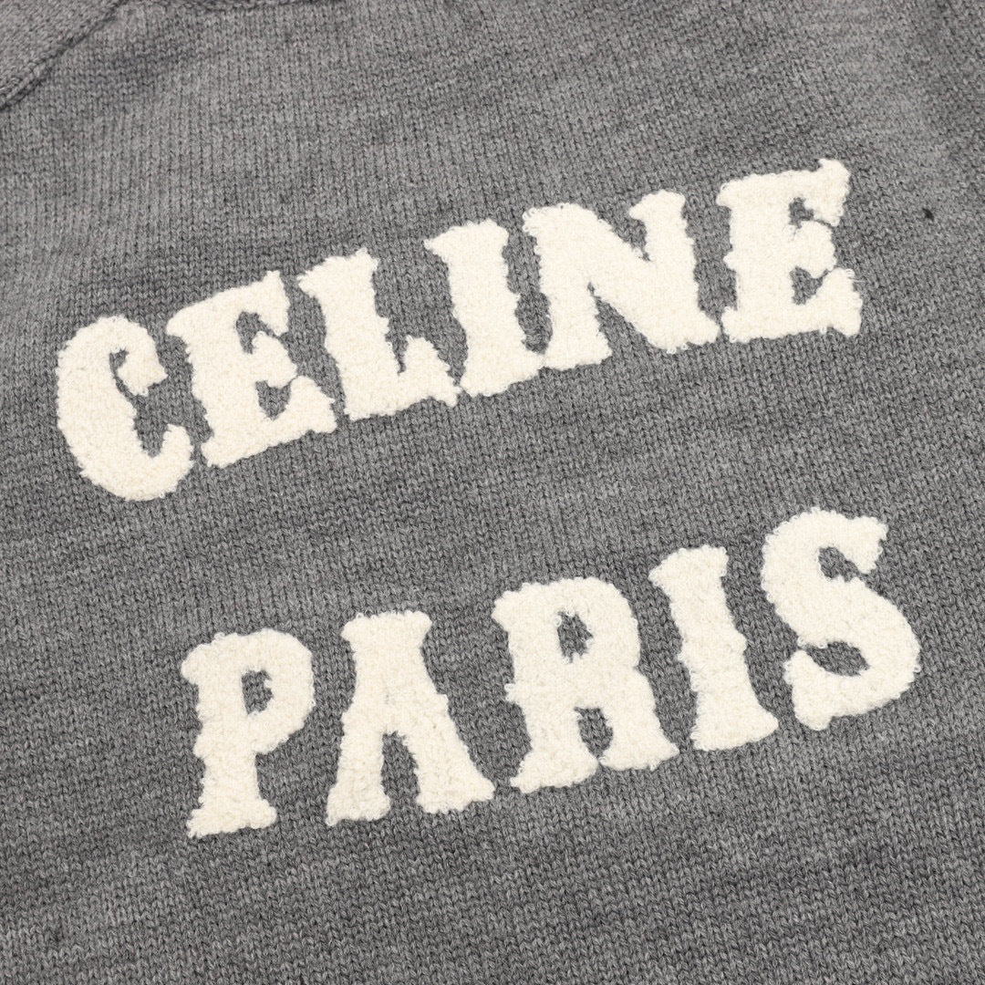 Celine Paris Back Chenille Appliqué Crew Neck Knit Sweater