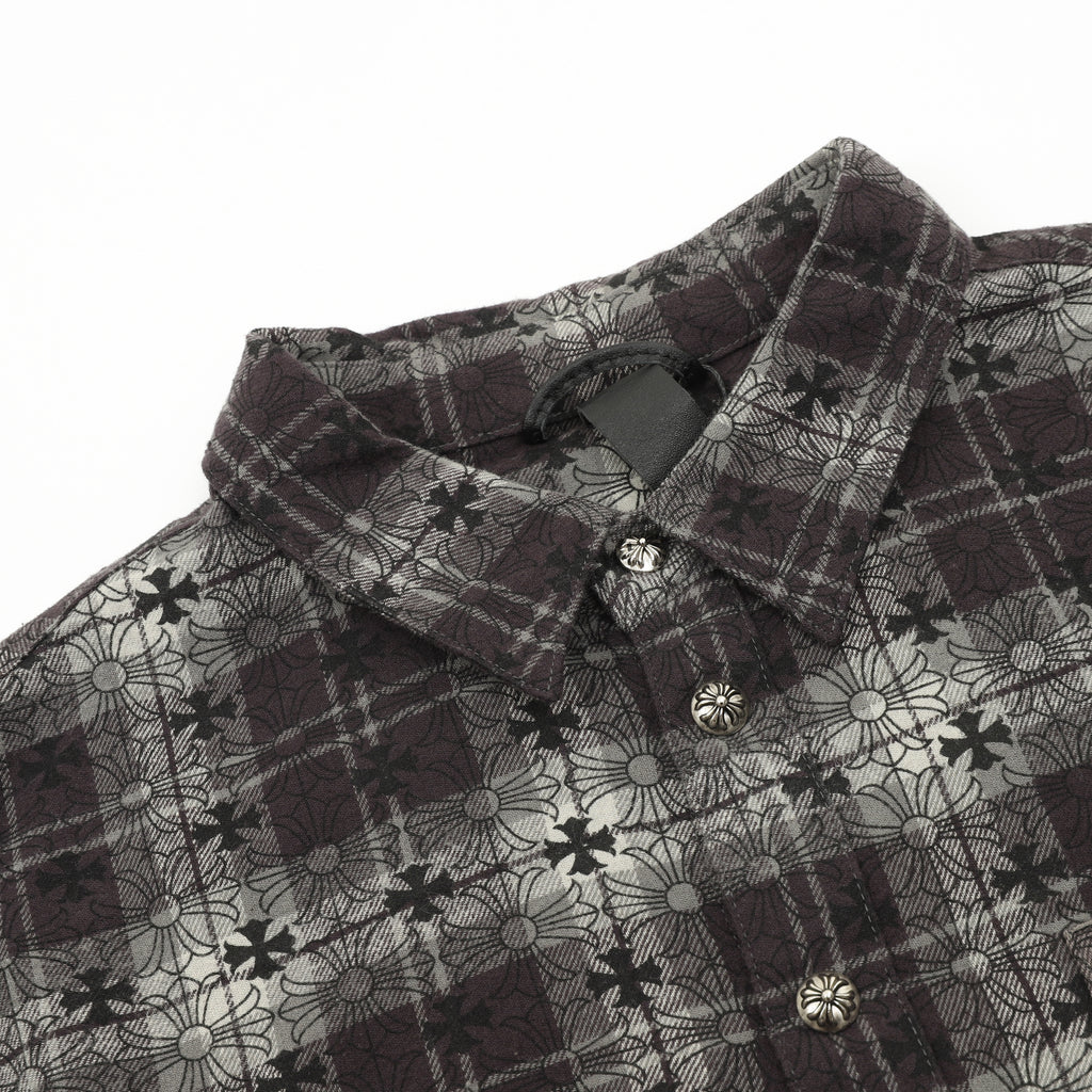 Chrome Hearts All-Over Plaid Cross Long-Sleeve Shirt