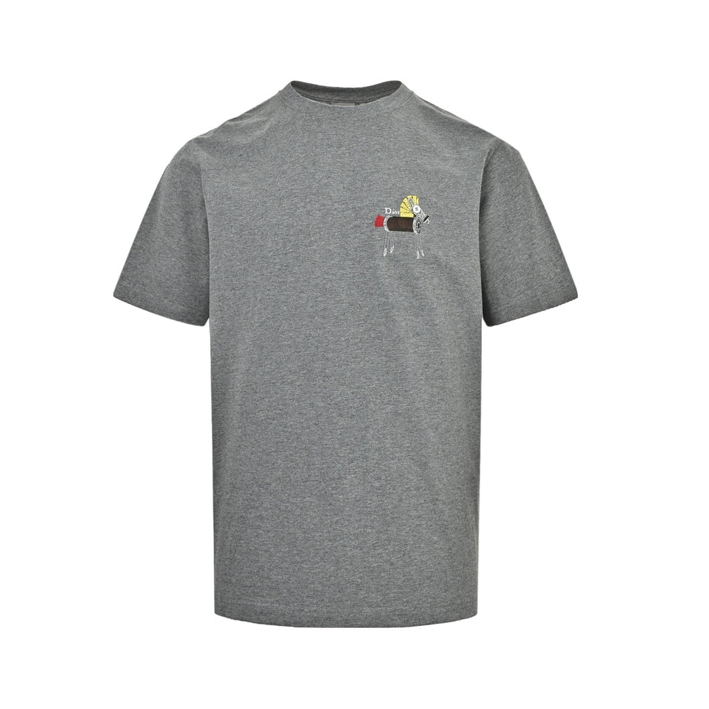 Dior Men's Grey Cartoon Embroidered Short-Sleeve T-Shirt