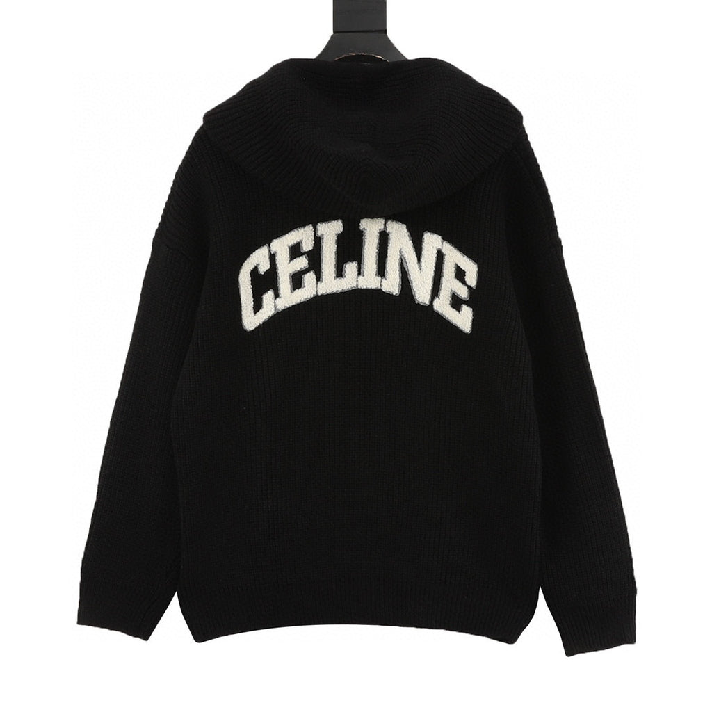 Celine Arc de Triomphe Chenille Logo Chunky Knit Hoodie
