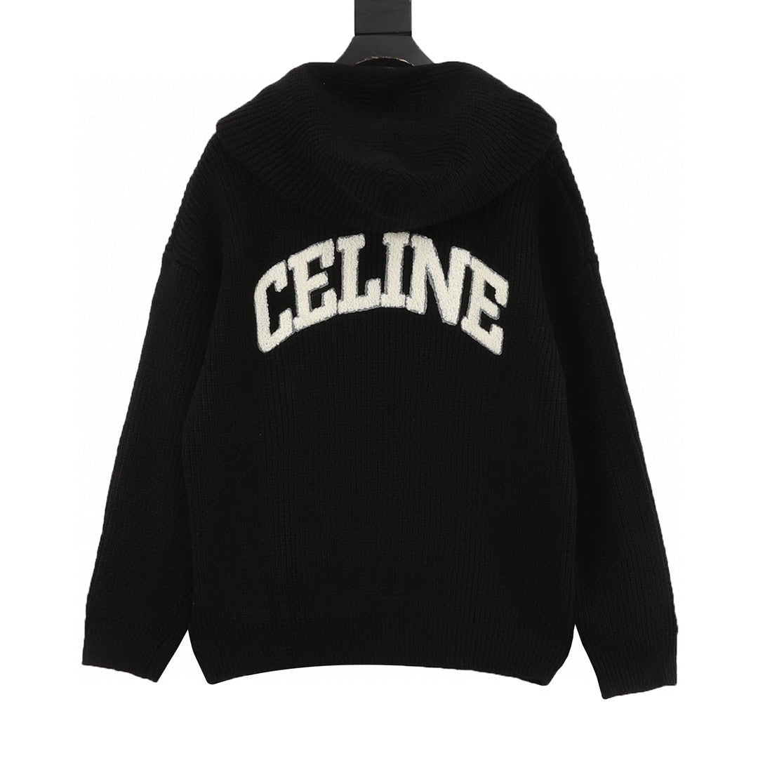 Celine Arc de Triomphe Chenille Logo Chunky Knit Hoodie
