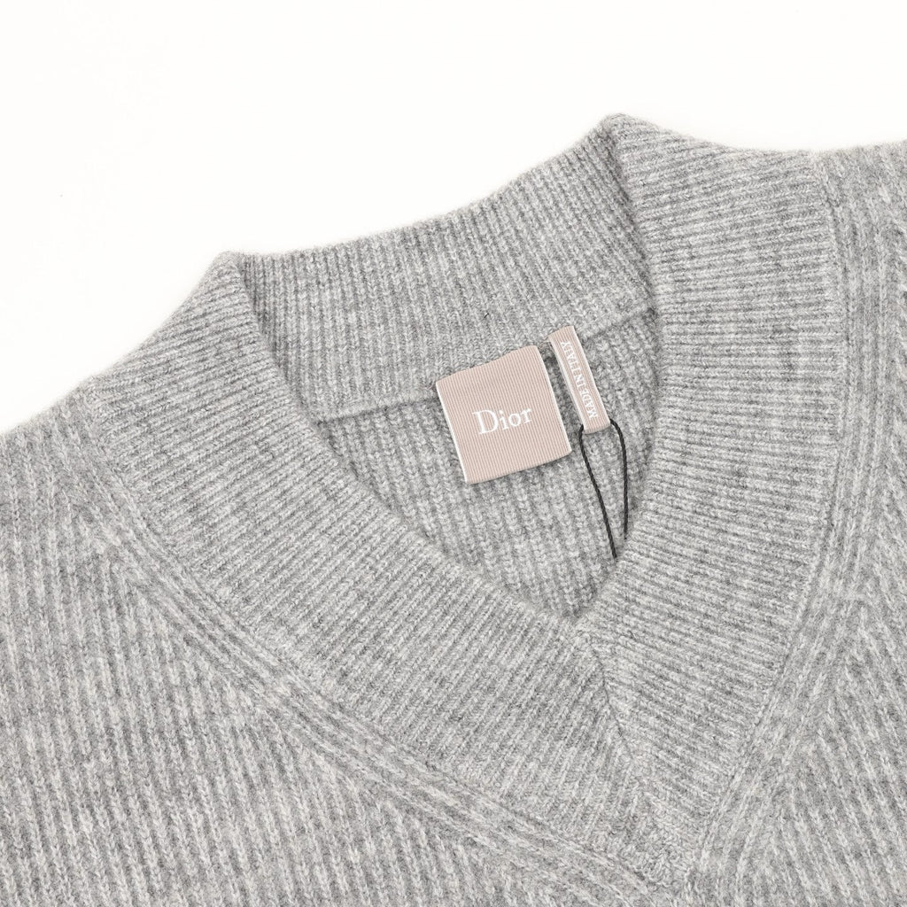 Dior Embroidered Logo Ribbed Wool V-Neck Sweater | Light Grey Relaxed Luxury Knitwear