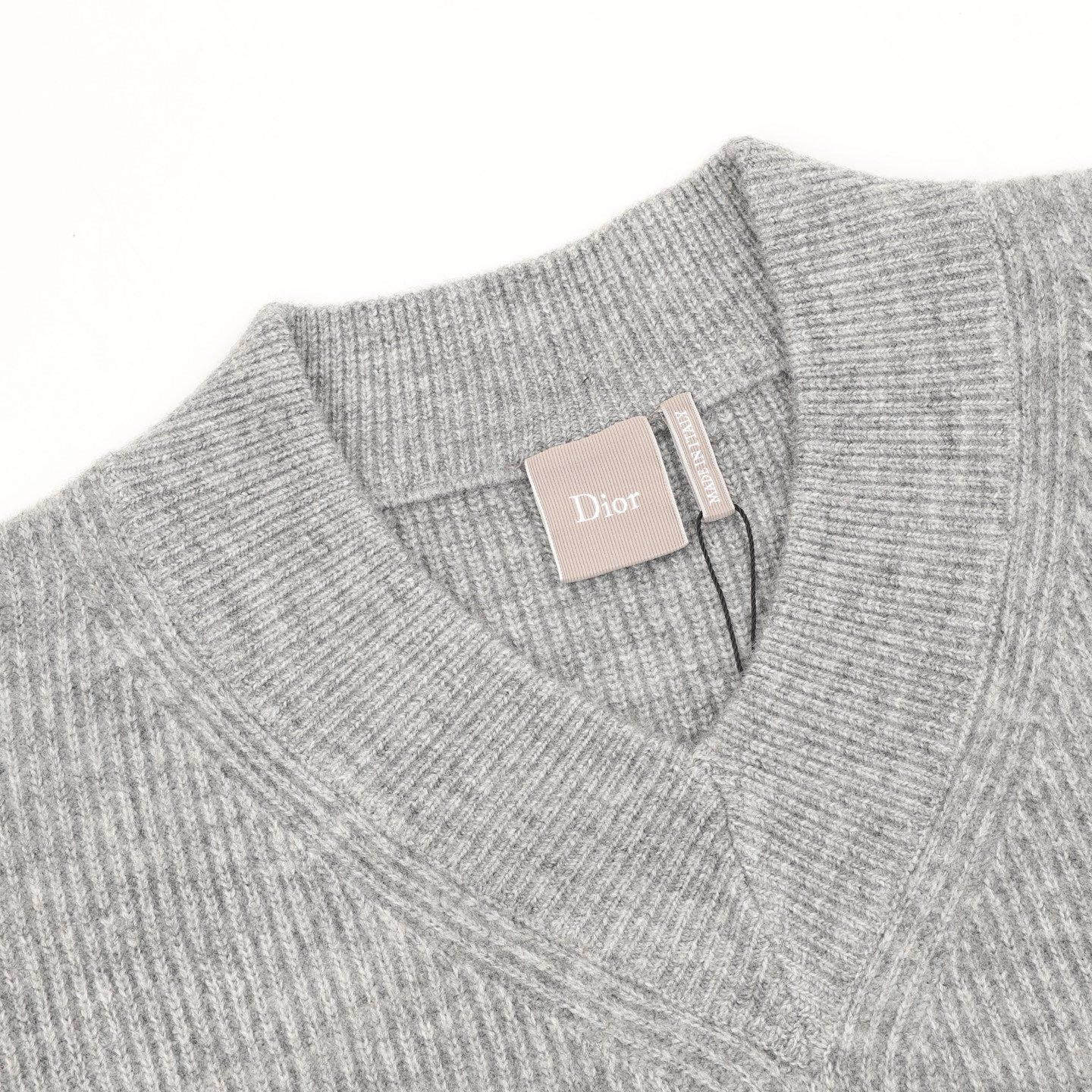 Dior Embroidered Logo Ribbed Wool V-Neck Sweater | Light Grey Relaxed Luxury Knitwear