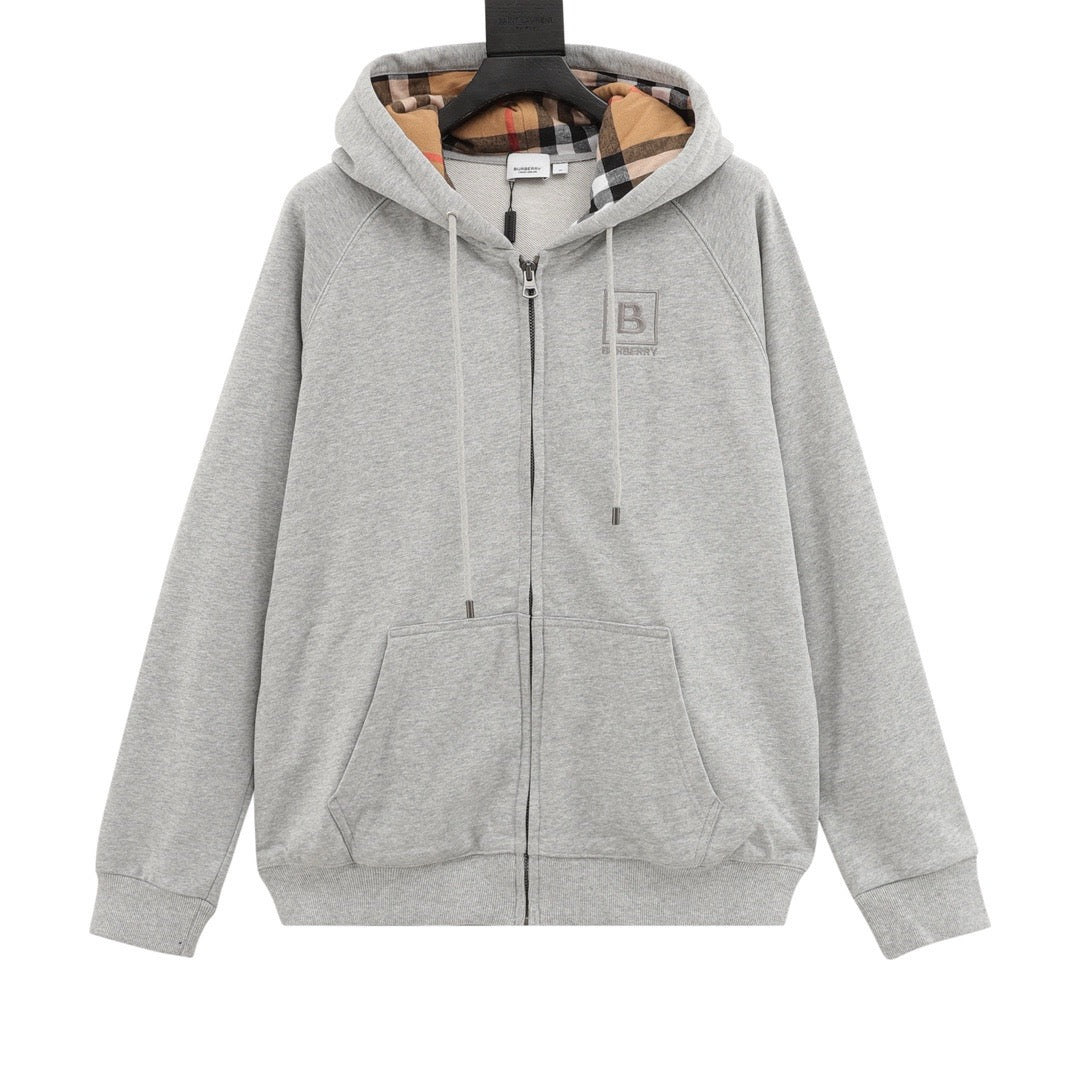 Burberry Women's & Men's Grey Check-Lined Full-Zip Hoodie