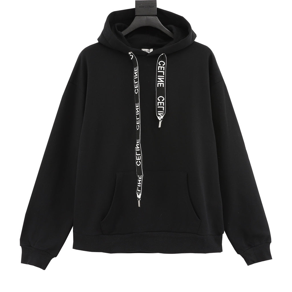 CELINE Women's & Men's Black Hoodie with Logo-Print Drawstring