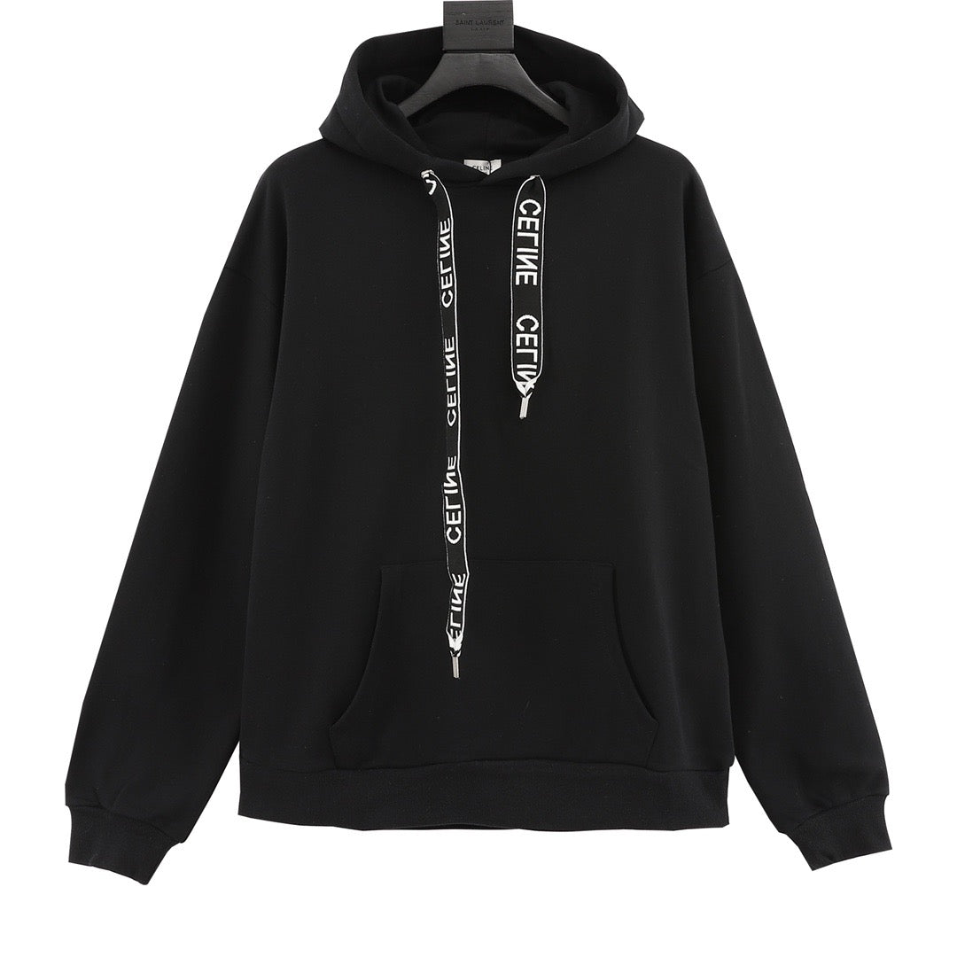 CELINE Women's & Men's Black Hoodie with Logo-Print Drawstring
