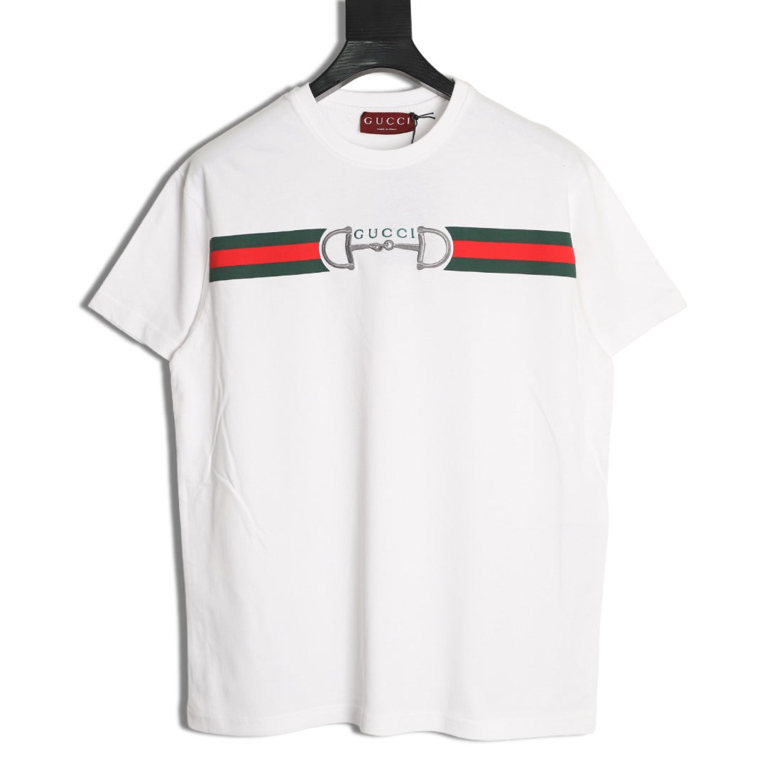 Gucci Web Stripe and Horsebit Print Short-Sleeve T-Shirt in White