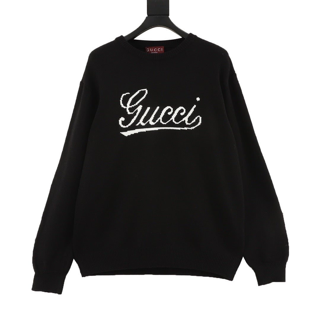 Gucci Women's Men's Black Script Logo Crewneck Knit Sweater