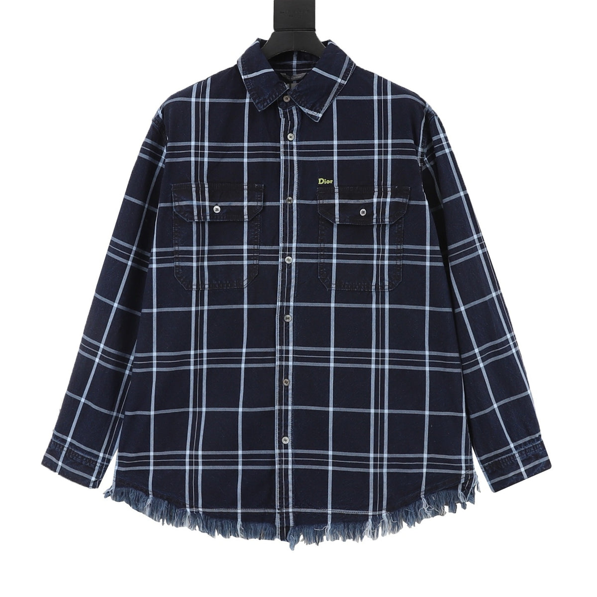 Dior Women's & Men's Navy Blue Plaid Fringe-Hem Long-Sleeve Shirt