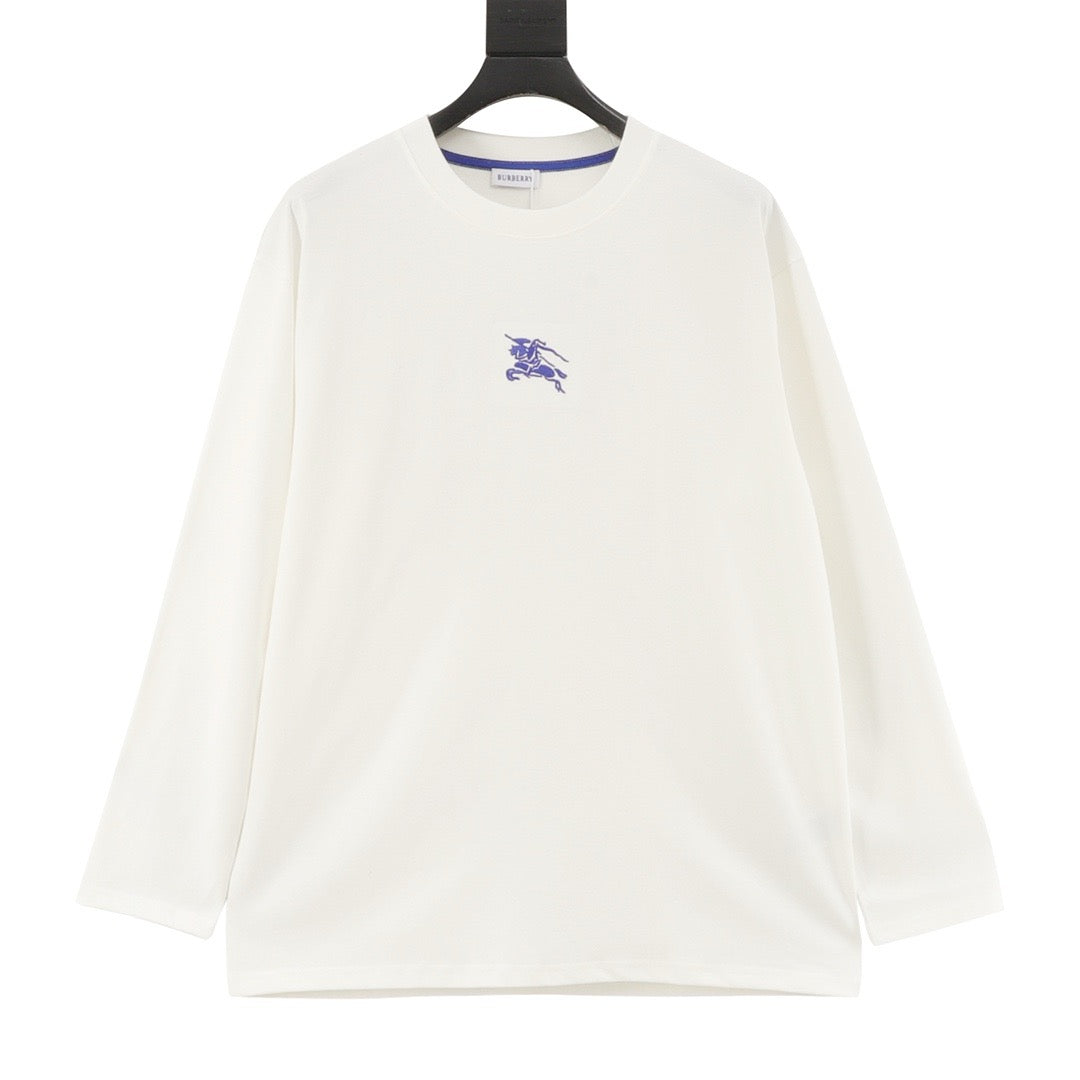 Burberry Equestrian Knight Embroidery Long-Sleeve Top — Black, Cobalt Detail