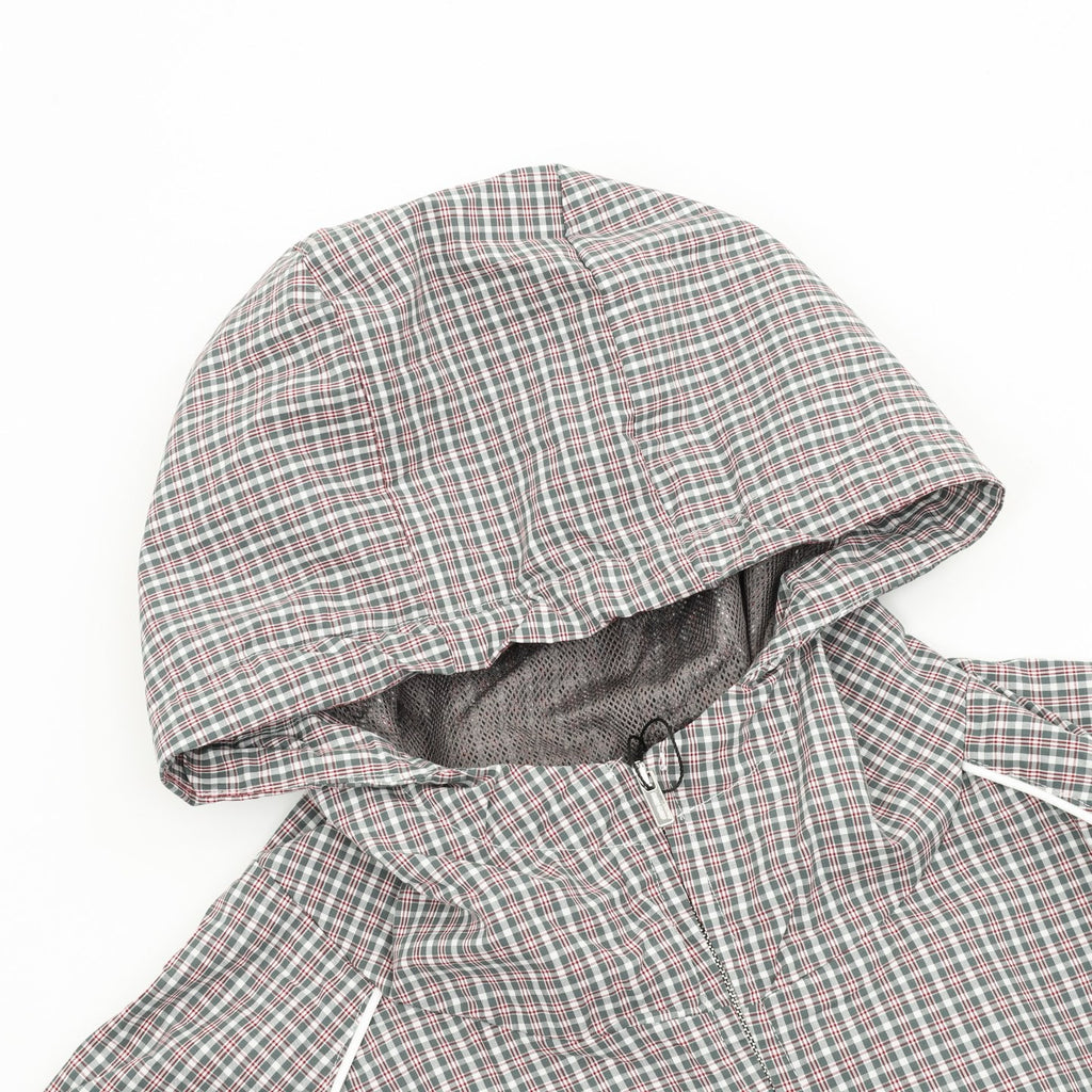 Miu Miu Check Technical Fabric Hooded Zip Jacket | Grey Plaid Lightweight Casual Outerwear