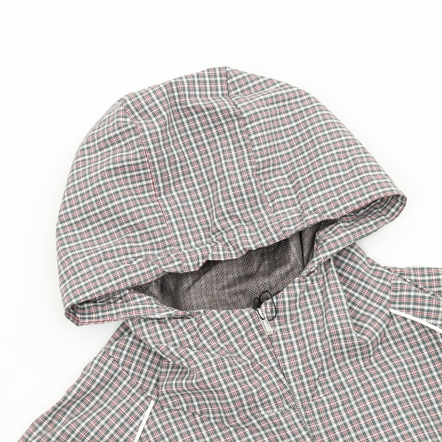 Miu Miu Check Technical Fabric Hooded Zip Jacket | Grey Plaid Lightweight Casual Outerwear