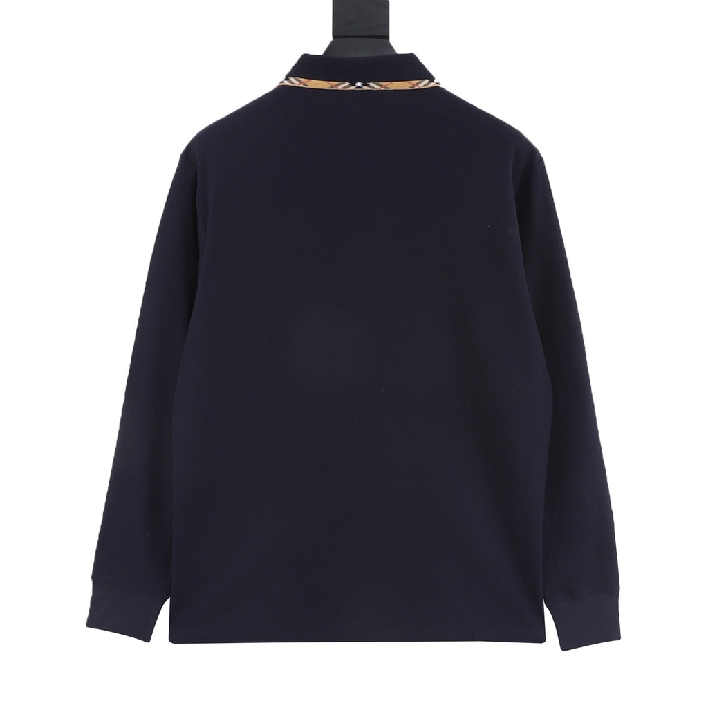Burberry Men's Navy Check-Collar Long-Sleeve Polo Shirt