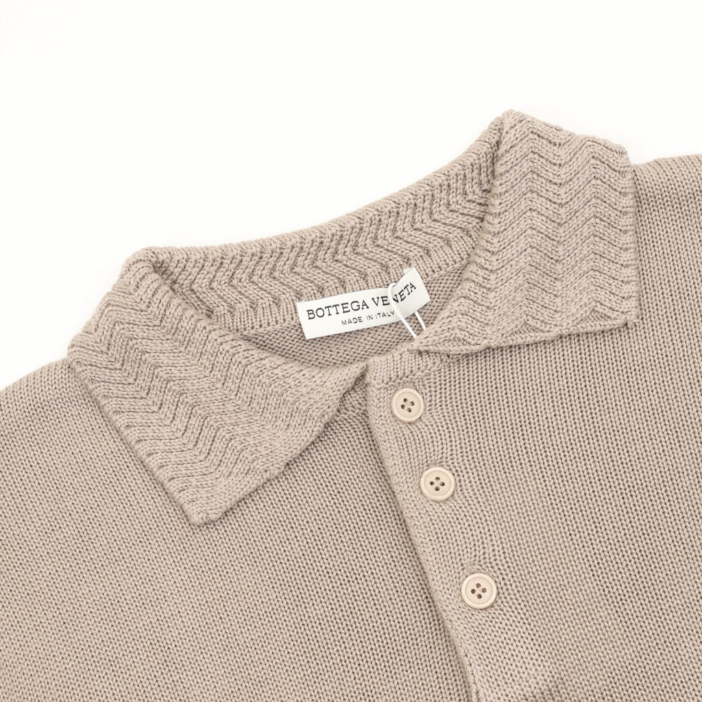 Bottega Veneta Tricolor Textured Knit Collar Wool Polo Sweater | Camel Relaxed Luxury Knitwear