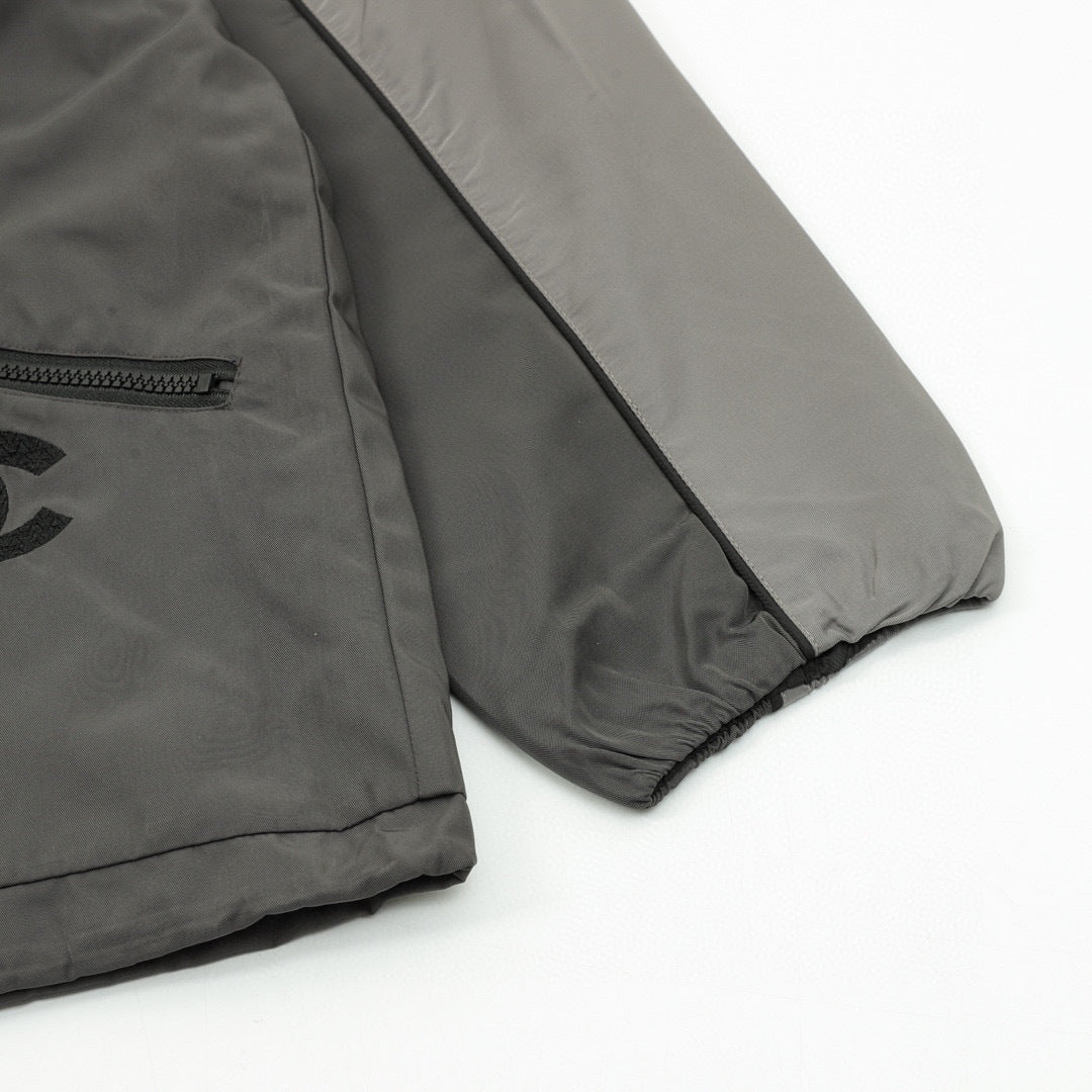 Chanel Vintage-Style Hooded Windbreaker with Embroidered Double-C Logo and Zipper Closure