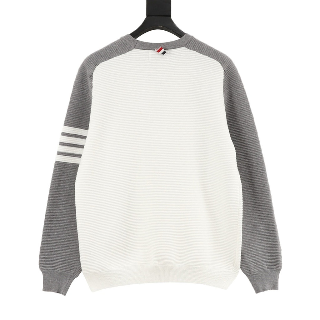 Thom Browne Women's Men's White & Grey 4-Bar Color-Block Waffle-Knit Crewneck Sweater
