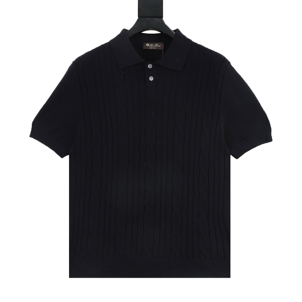 Loro Piana Women's Men's Black Cable-Knit Short-Sleeve Polo Shirt