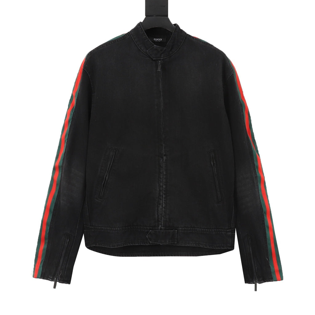Gucci Women's & Men's Black Denim Jacket with Web Stripe Sleeves