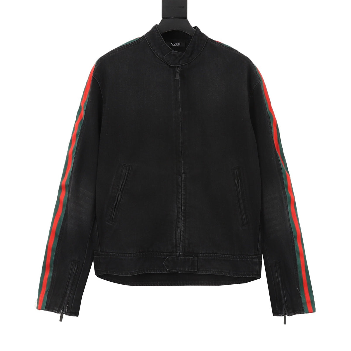Gucci Women's & Men's Black Denim Jacket with Web Stripe Sleeves