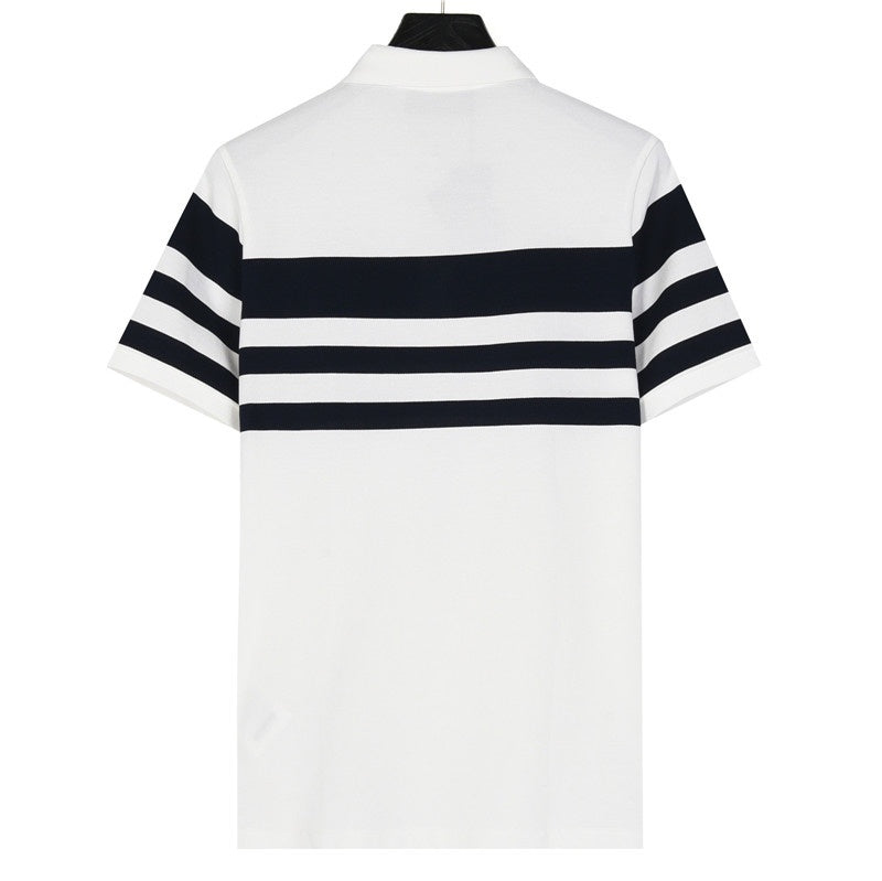 Prada Triangle Logo Short-Sleeve Polo in White and Navy Stripes