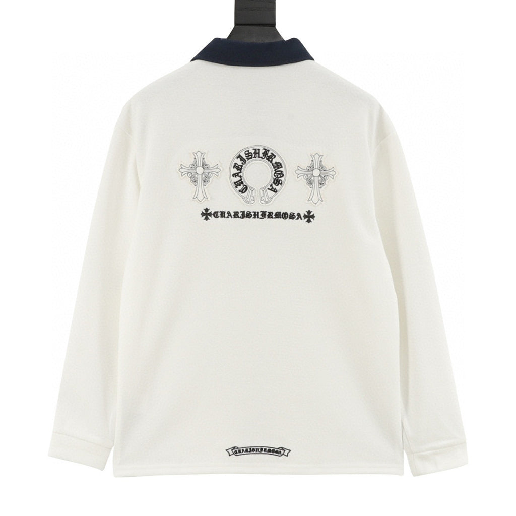 CH Long-Sleeve Polo Shirt with Cross Embroidery and Contrasting Collar