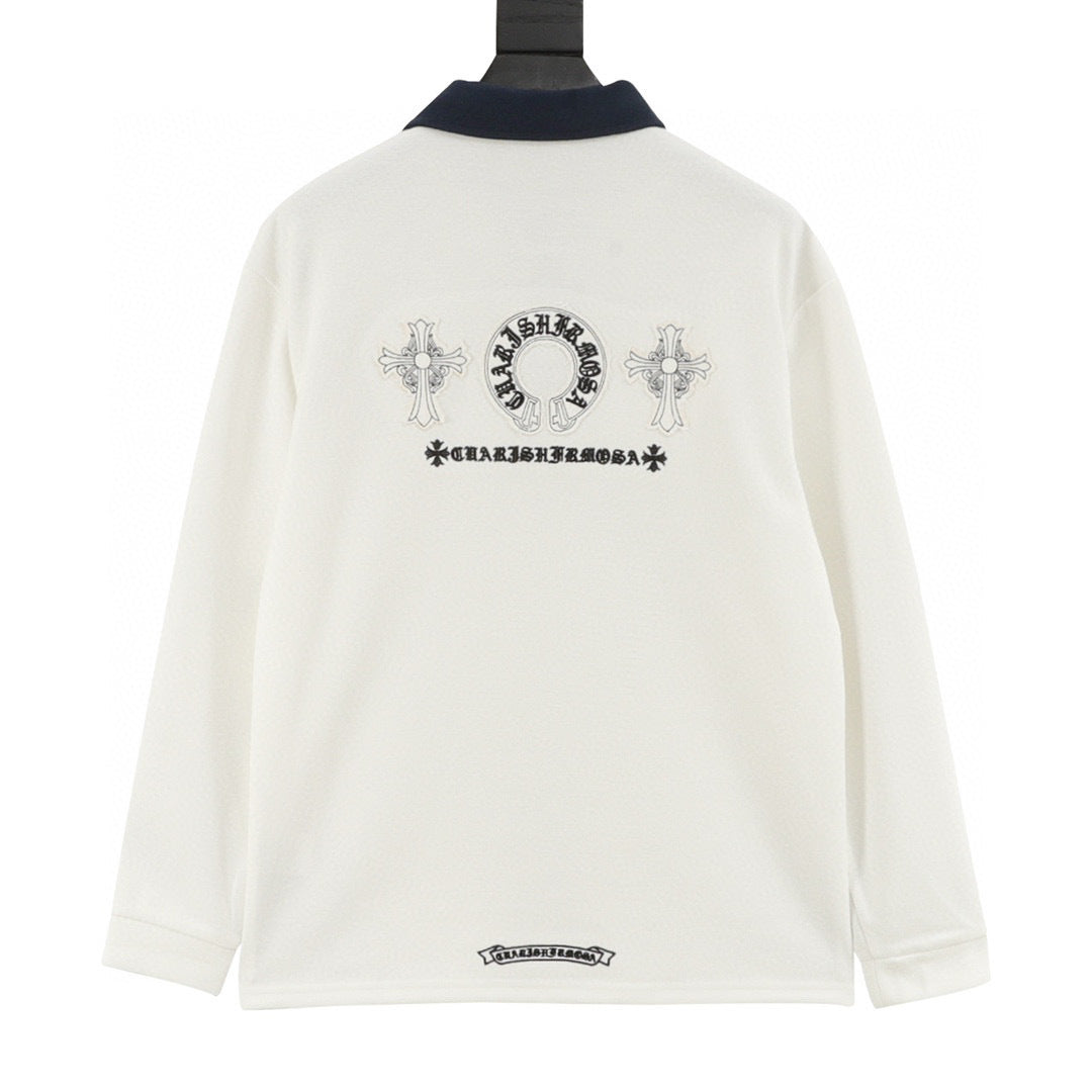 CH Long-Sleeve Polo Shirt with Cross Embroidery and Contrasting Collar