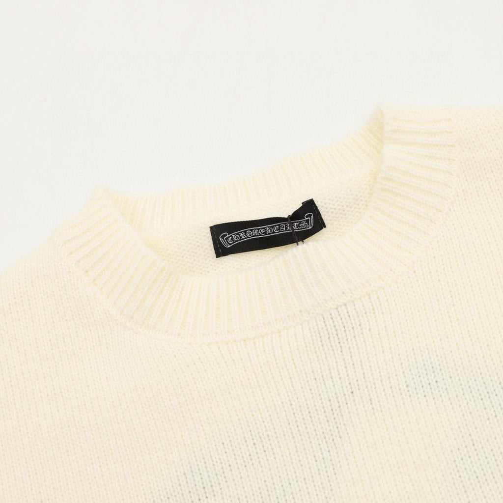 CH Embroidered Sanskrit Cross Distressed Knit Sweater
