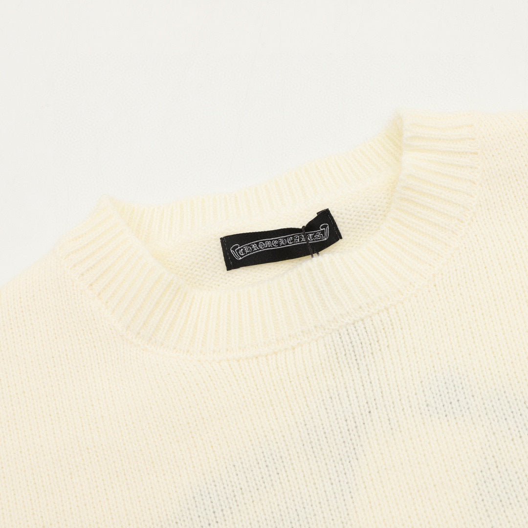 CH Embroidered Sanskrit Cross Distressed Knit Sweater